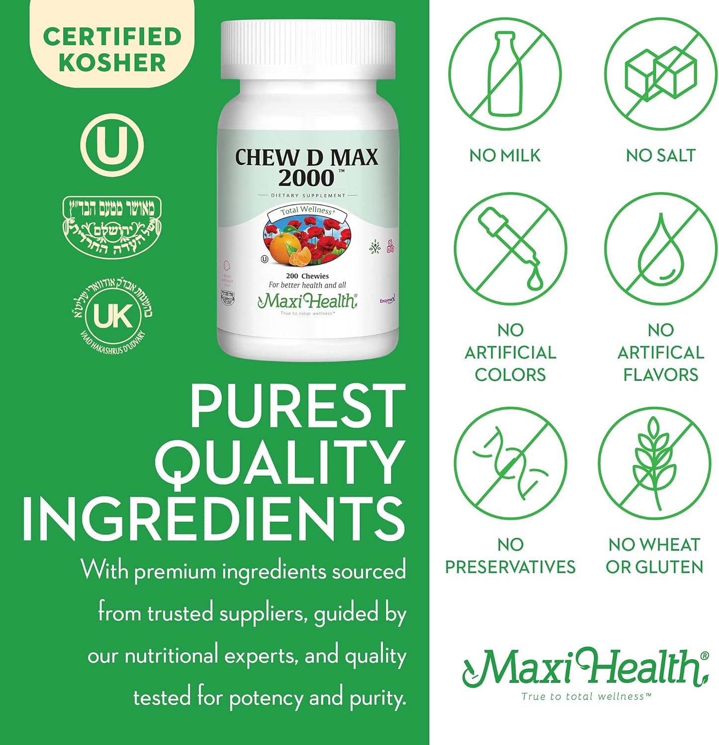 Maxi Health Chewable Vitamin D3 2000 IU Supplement - Delicious Natural Bubble Gum Flavor - Supports Calcium Absorption, Immune and Bone Health in Adult Women, Men, Children & Toddlers - 200 Chews