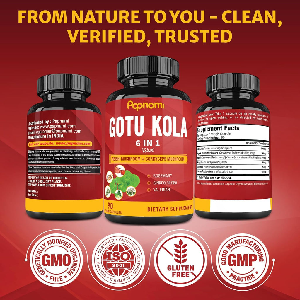 Organic Gotu Kola Extract Capsules with Reishi, Cordyceps, Rosemary, Gingko Biloba & Valerian Root - 90 Counts for 3 Months - Supports Brain, Immunity, Skin & Heart Health