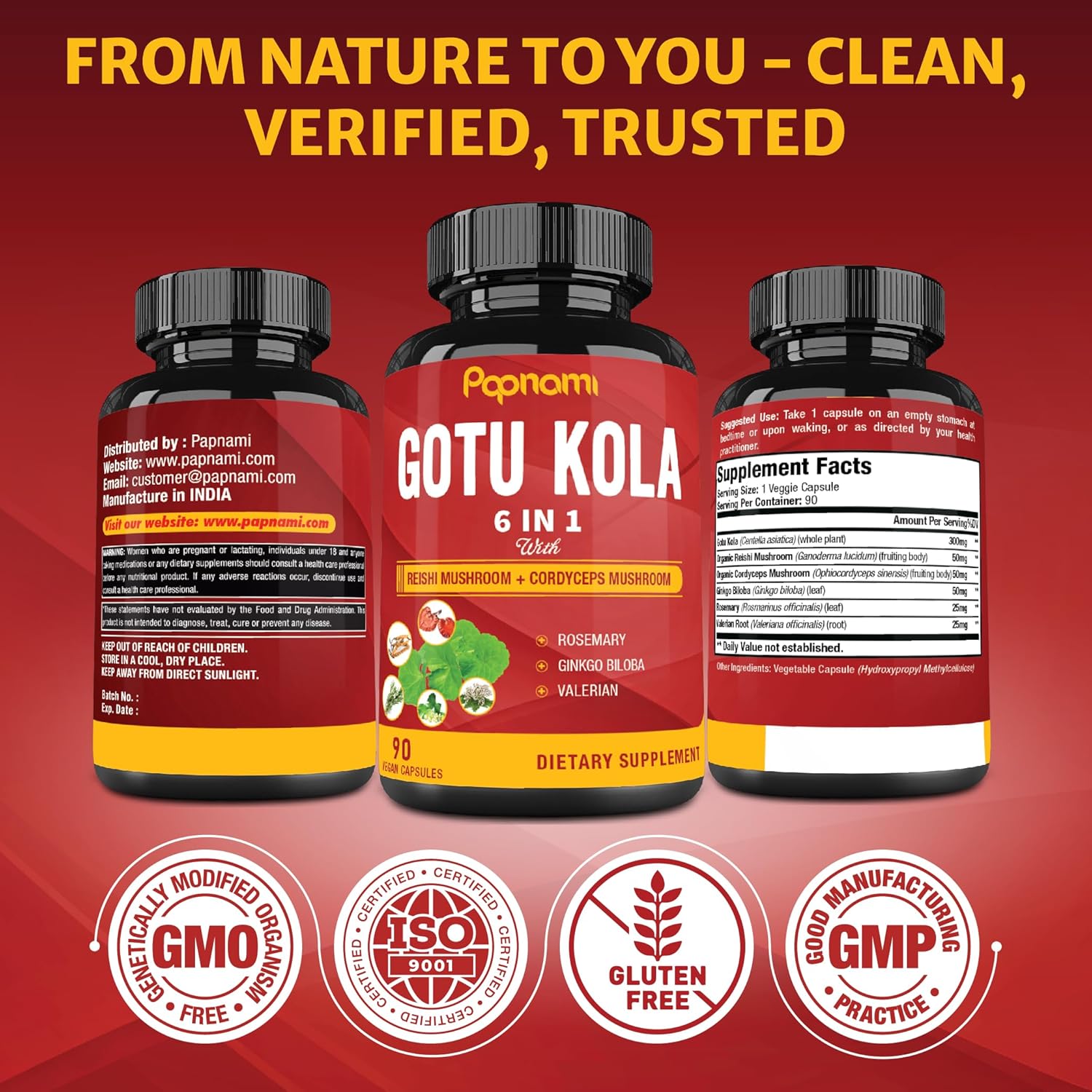 Organic Gotu Kola Extract Capsules with Reishi, Cordyceps, Rosemary, Gingko Biloba & Valerian Root - 90 Counts for 3 Months - Supports Brain, Immunity, Skin & Heart Health