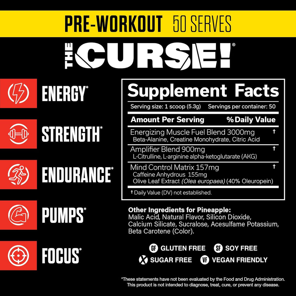 JNX SPORTS The Curse! Pre Workout Powder for Men & Women, Caffeine, Beta-Alanine, Creatine, L-Citrulline, 50 Servings, Pineapple Flavor – Boost Energy, Strength & Focus