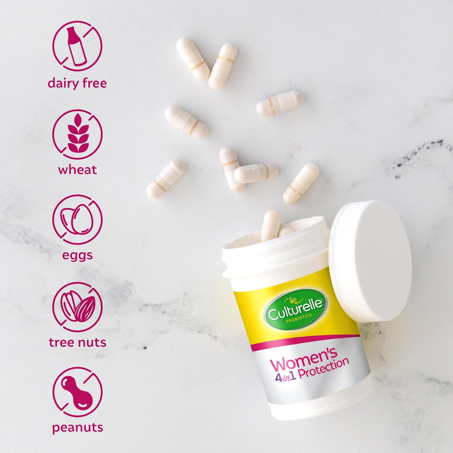 Culturelle 4-in-1 Probiotics for Women, Daily Probiotic & Prebiotic Supplement to Support Vaginal Health, Digestive Health, Immune Health, Occasional Diarrhea, Gas & Bloating Relief, Non-GMO, 30 Count