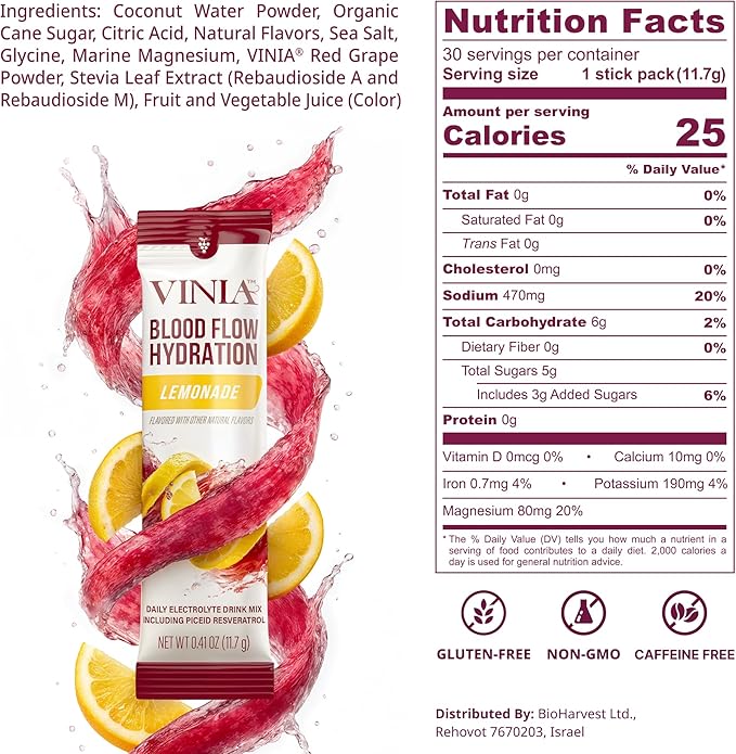 VINIA Resveratrol Electrolyte Hydration Powder Mix, Lemonade | Boost Blood Flow & Circulation | Sea Salt, Coconut Water Potassium, Magnesium, Informed Sport Certified, 30 Sticks