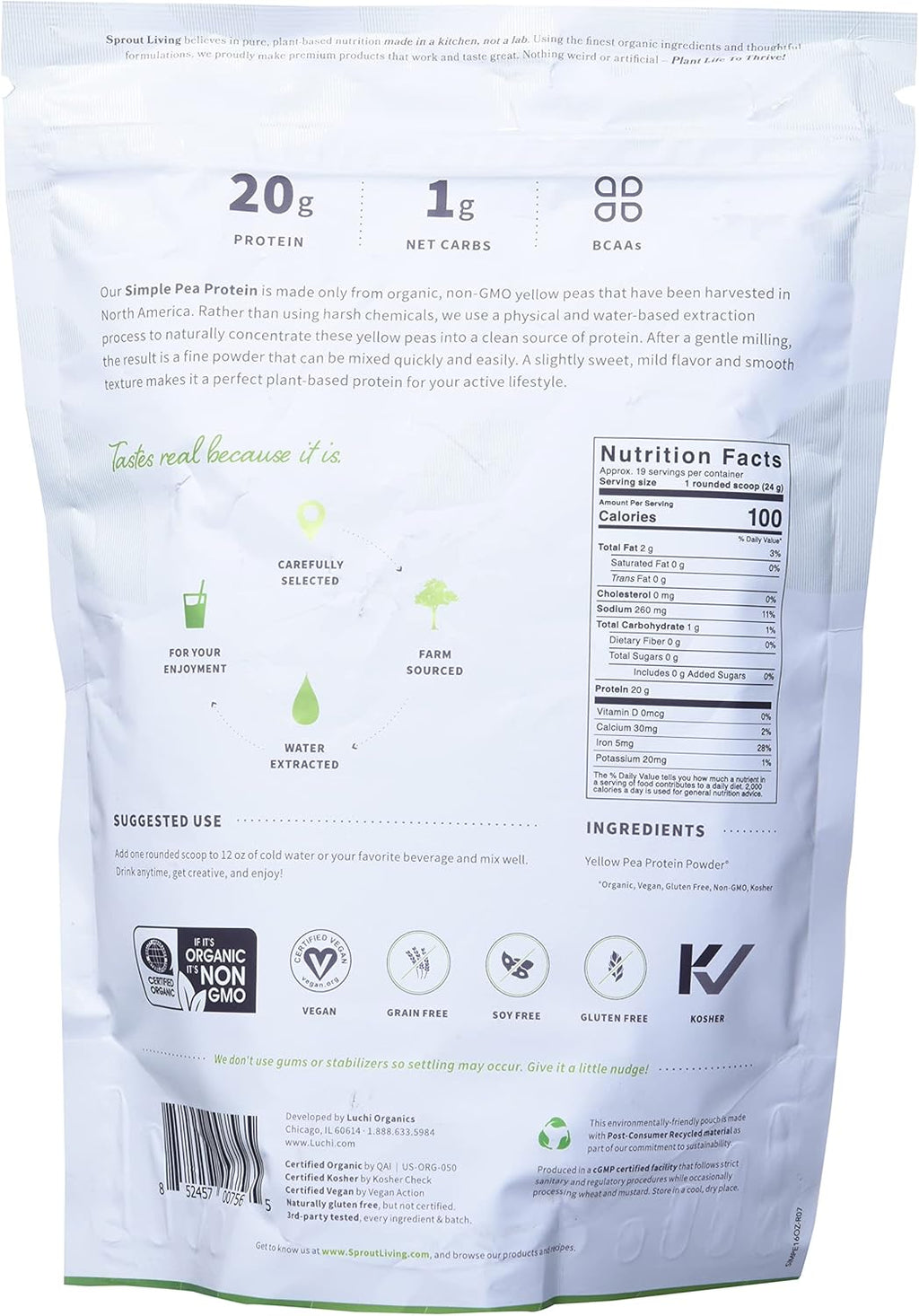 Sprout Living Organic Pea Protein Powder, Unflavored, 20 Grams of Plant Based Organic Protein Powder Without Artificial Sweeteners, Non Dairy, Non-GMO, Vegan, Gluten Free (1 Pound, 19 Servings)