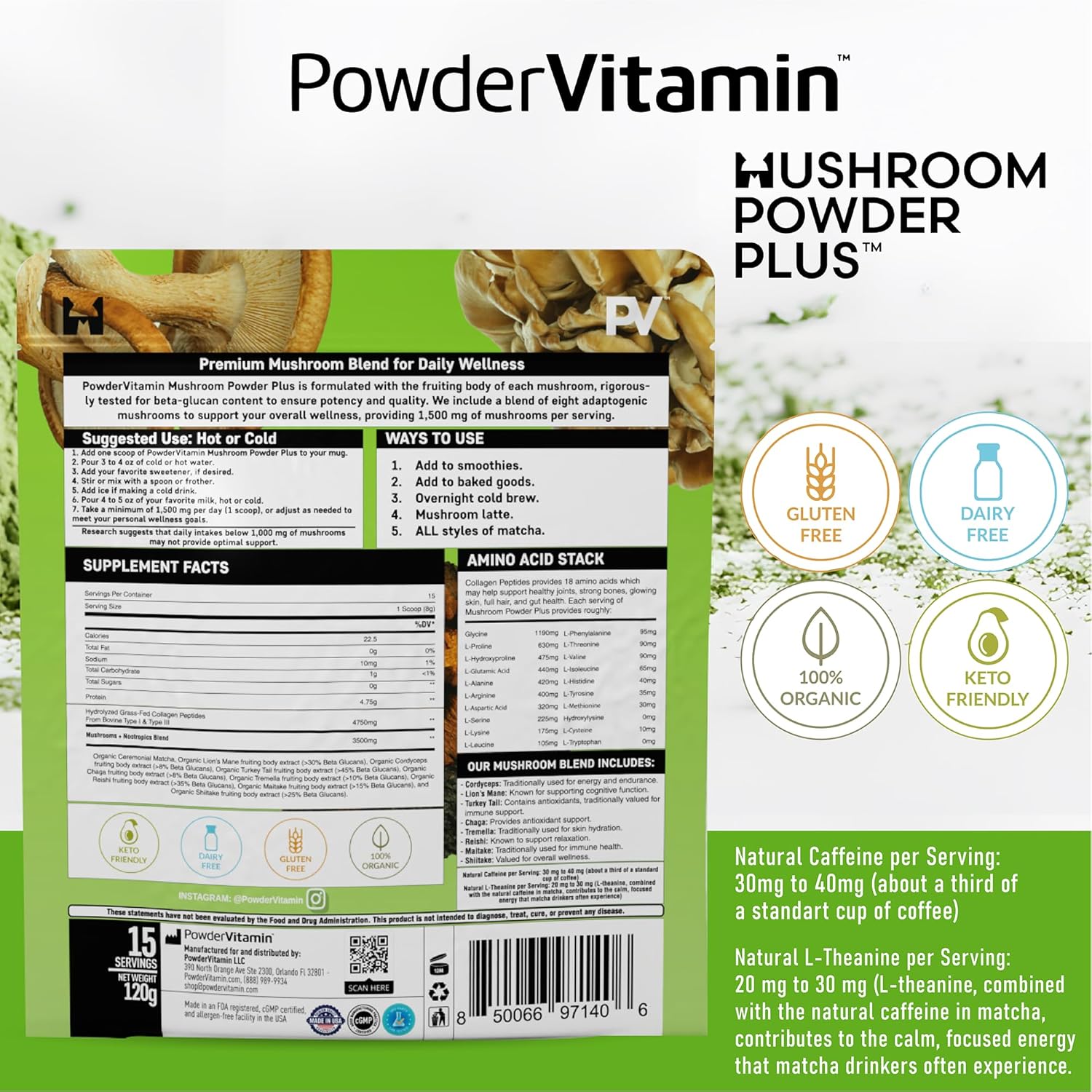 Organic Mushroom Matcha Powder Certified Pesticide-Free Grass-Fed Collagen Types I & III, 8 Fruiting Body Mushrooms Tested for Beta-Glucans Focus Digestion & Immunity 15 Servings