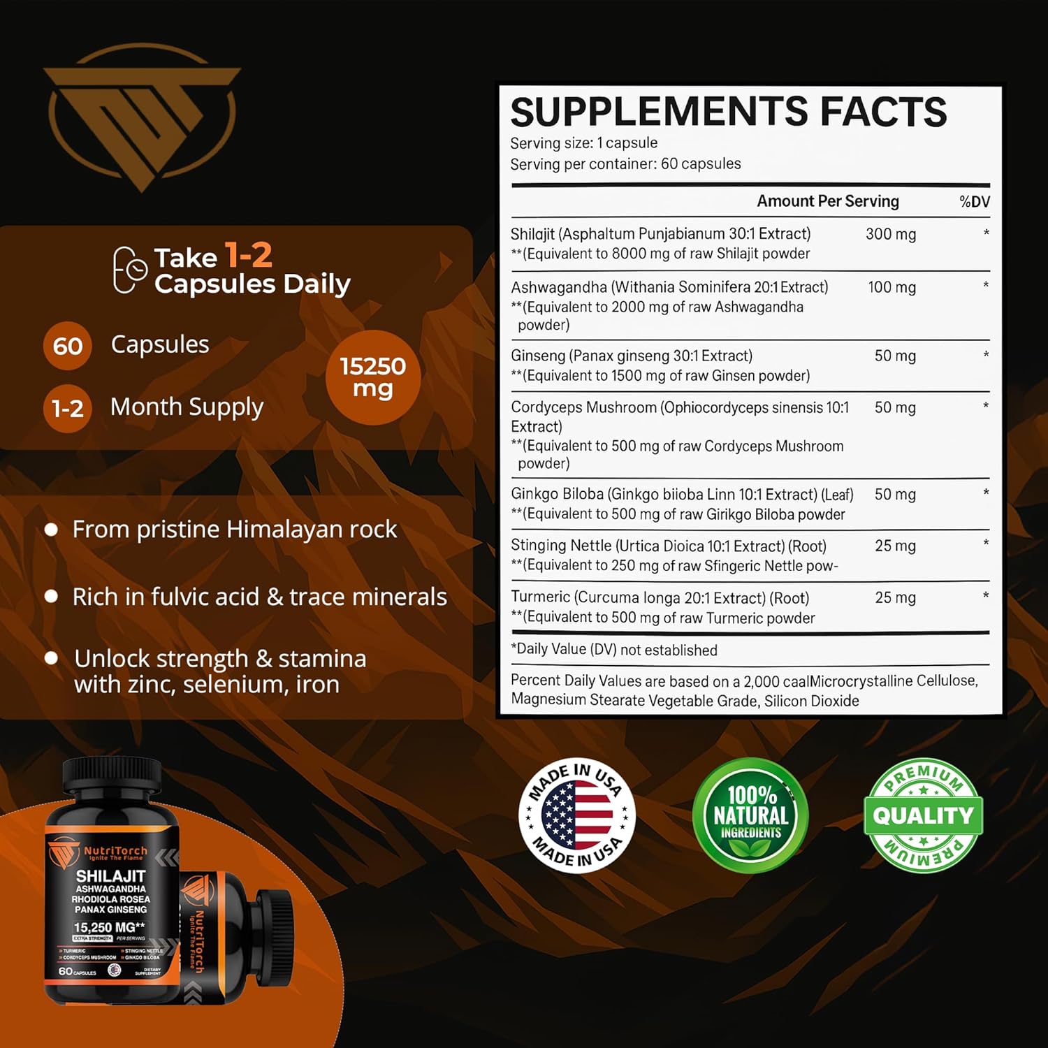 Shilajit Capsules - Supplement with Ashwagandha, Rhodiola Rosea, Panax Ginseng, Turmeric, Cordycep Mushrooms, Ginkgo Biloba - 15250Mg - 60 Capsules
