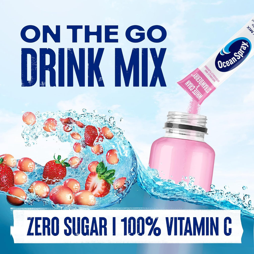 Ocean Spray® White Cran-Strawberry™ Zero Sugar Powder Drink Mix Packets with Real Cranberry Juice Powder, 100% Vitamin C, No Synthetic Dyes, Juicy Mixes (40ct)