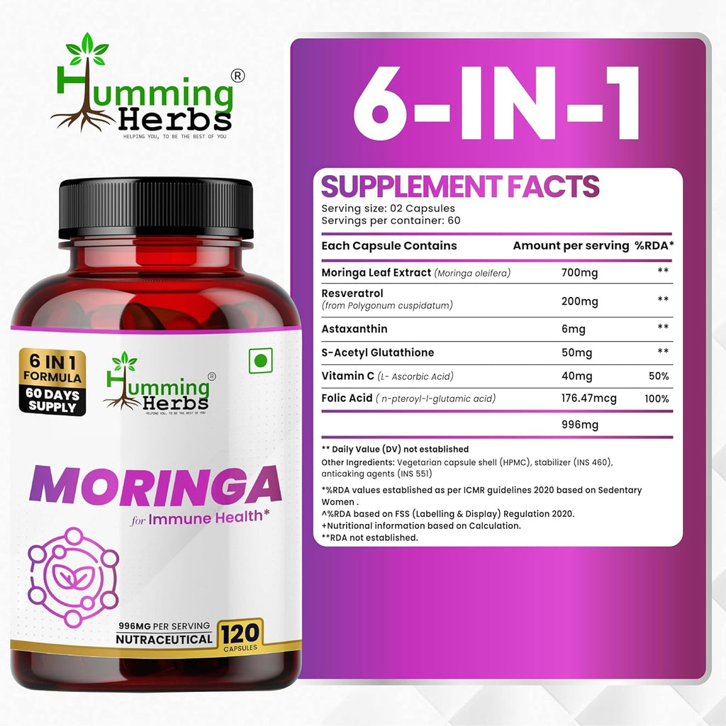 Humming Herbs Moringa Leaf Extract Complex — with Resveratrol, Astaxanthin, S-Acetyl Glutathione, Vitamin C & Folate — 998 mg per Serving — 120 Capsules (60 Days) — Antioxidant & Immune Support