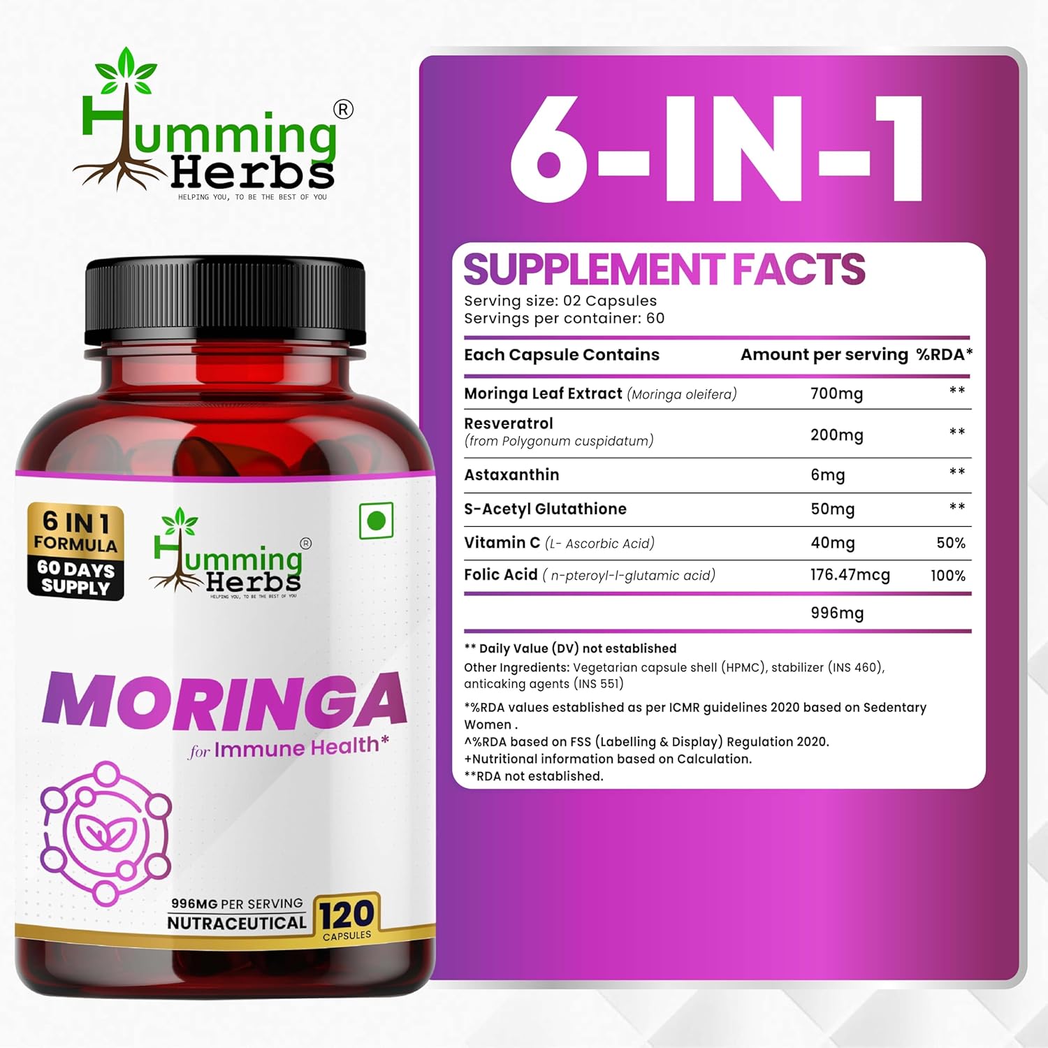 Humming Herbs Moringa Leaf Extract Complex — with Resveratrol, Astaxanthin, S-Acetyl Glutathione, Vitamin C & Folate — 998 mg per Serving — 120 Capsules (60 Days) — Antioxidant & Immune Support