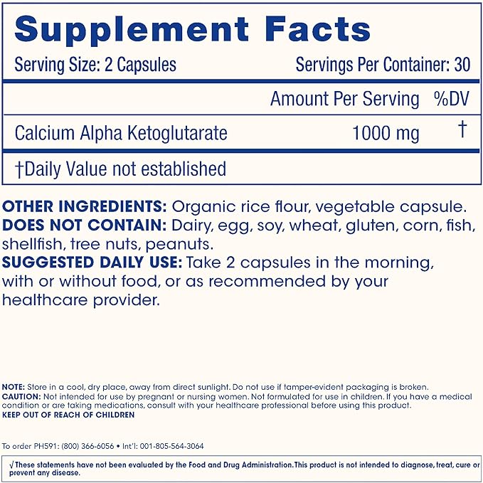 ProHealth, Ca AKG Supplement (Alpha Ketoglutarate) (1,000 mg per 2 Capsule Serving, 60 Capsules). Supports Metabolic Function and Healthy Aging Processes.