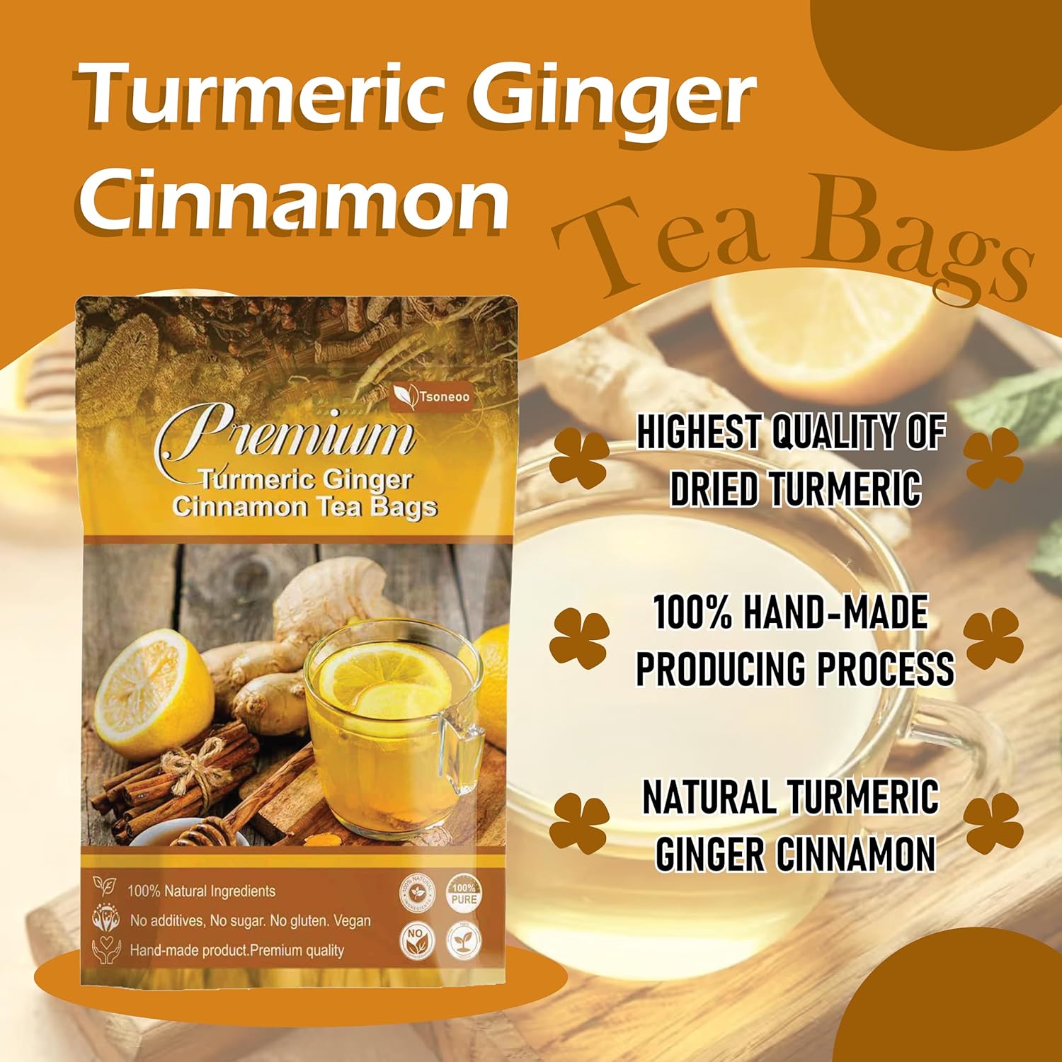 Premium Turmeric, Ginger, Cinnamon Blend Tea Bags, 100% Natural & No Additives & Caffeine Free. (1)