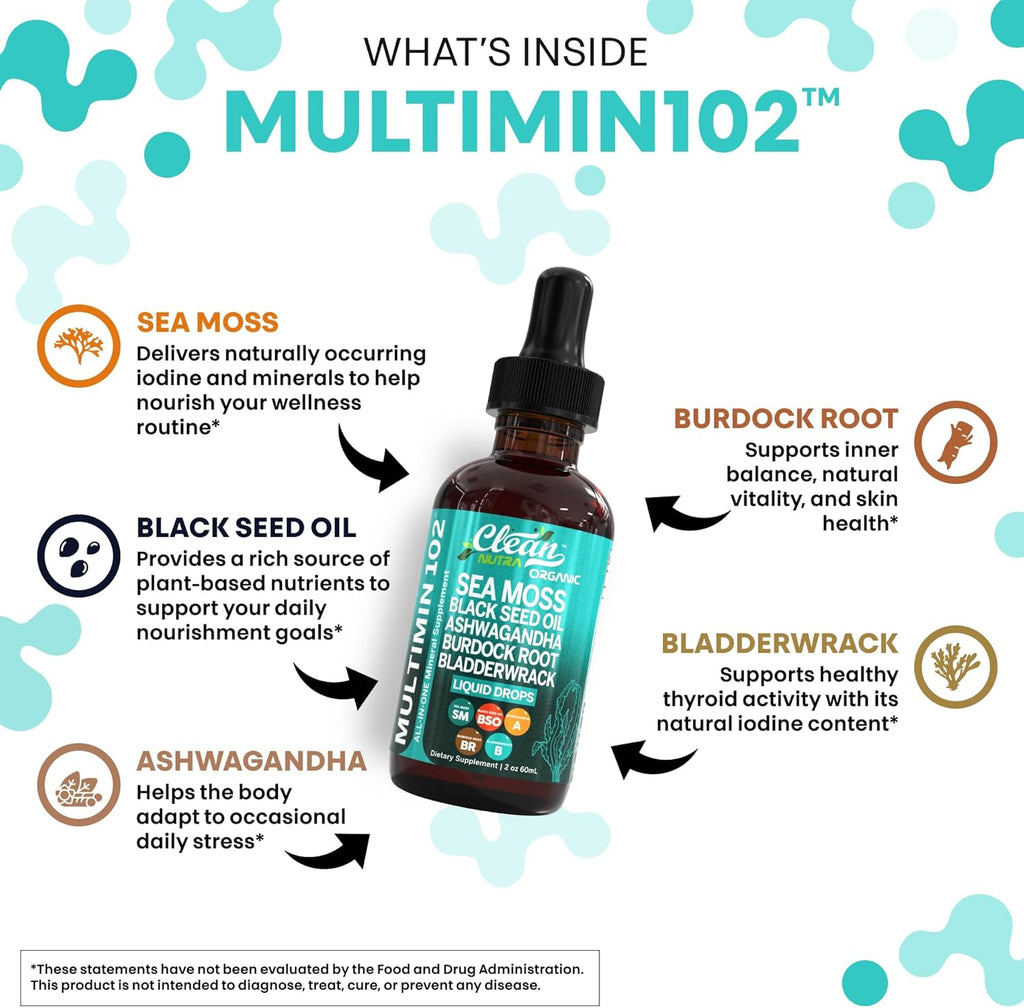 Clean Nutraceuticals Sea Moss Drops Supplement Liquid with Black Seed Oil Ashwagandha Burdock Root & Bladderwrack - Multimineral Organic Non-GMO Vegan for Gut Heath Skin Immune Support Hair (2)
