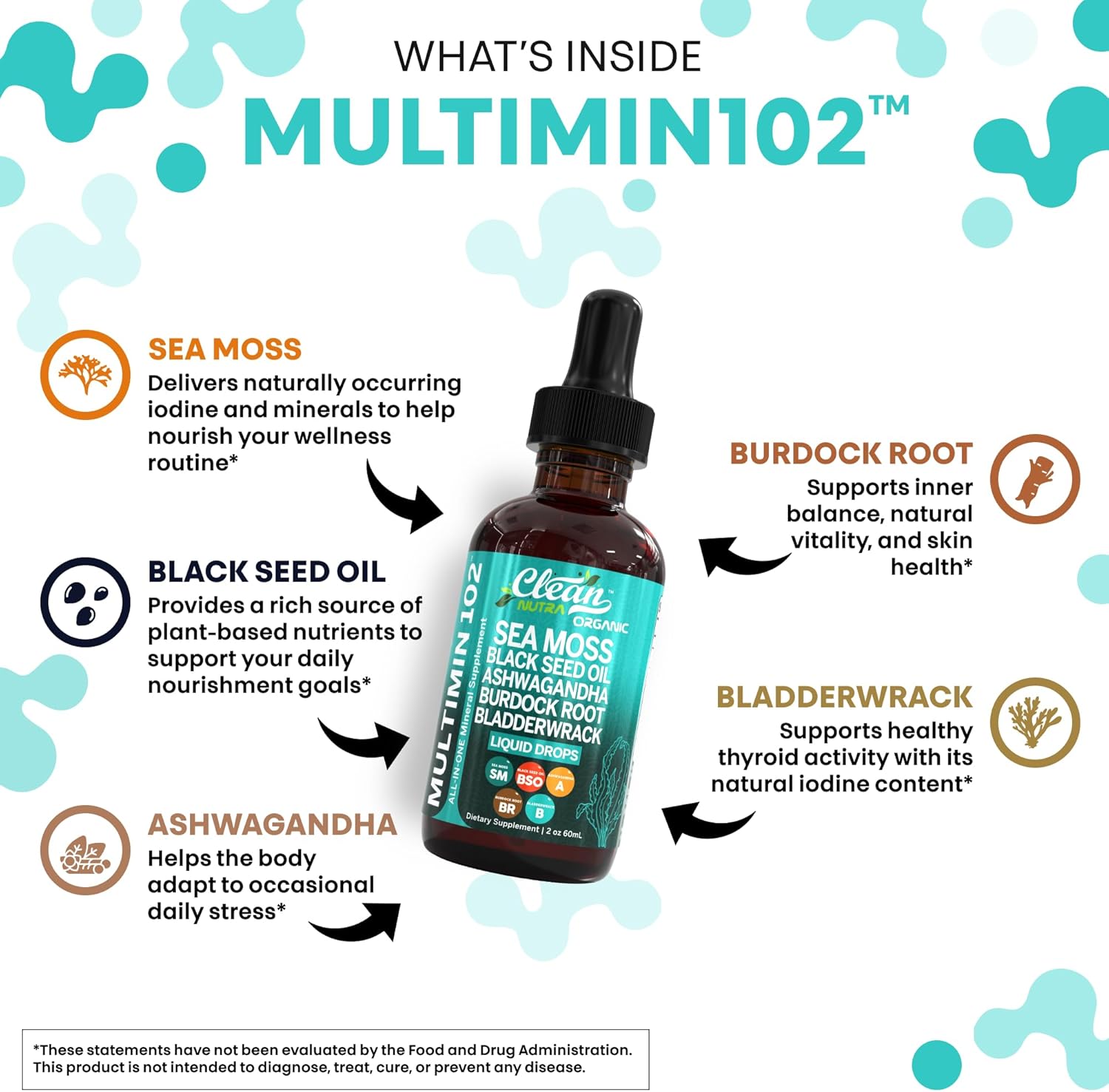 Clean Nutraceuticals Sea Moss Drops Supplement Liquid with Black Seed Oil Ashwagandha Burdock Root & Bladderwrack - Multimineral Organic Non-GMO Vegan for Gut Heath Skin Immune Support Hair (2)