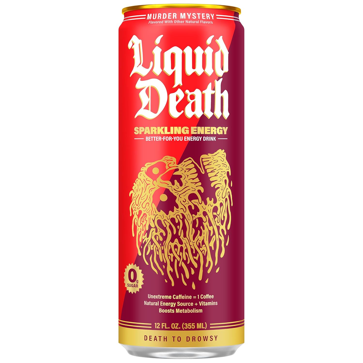 Liquid Death Sparkling Energy - Murder Mystery (Cherry Vanilla and Spice Flavor), Sugar-Free Energy Drink, Unextreme Caffeine 100mg, Essential Vitamins, 12 Fl Oz (Pack of 12)