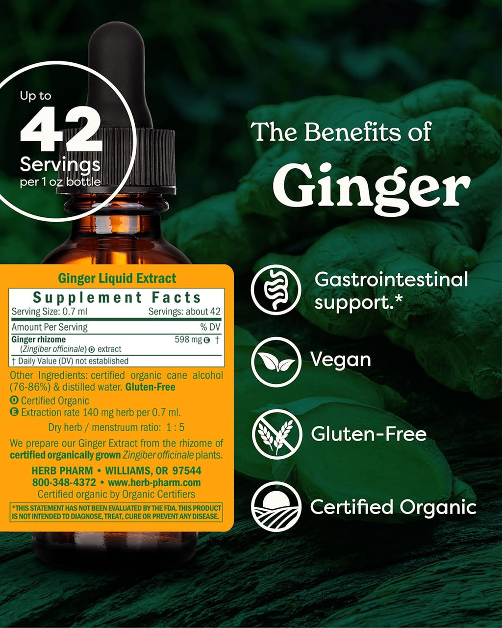 Herb Pharm Certified Organic Ginger Liquid Extract for Digestive Support - 1 Ounce