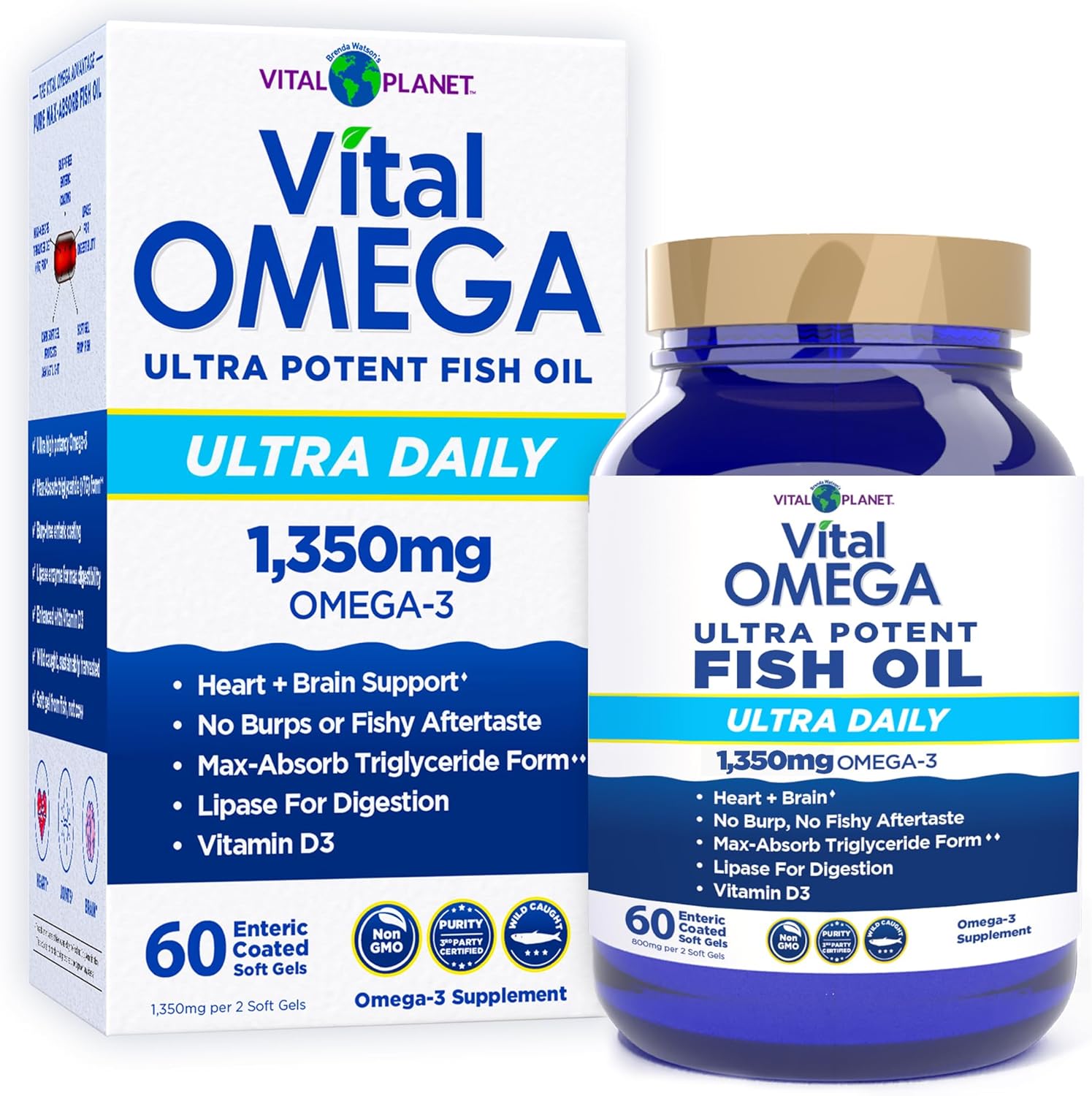 Vital Planet - Vital Omega 3 Fish Oil Ultra Daily Supplement with 1350mg of 2X Strength High Potency Cold Water Wild Caught Omega 3 Fatty Acid Supplements EPA DHA and DPA for Heart Health 60 Softgels