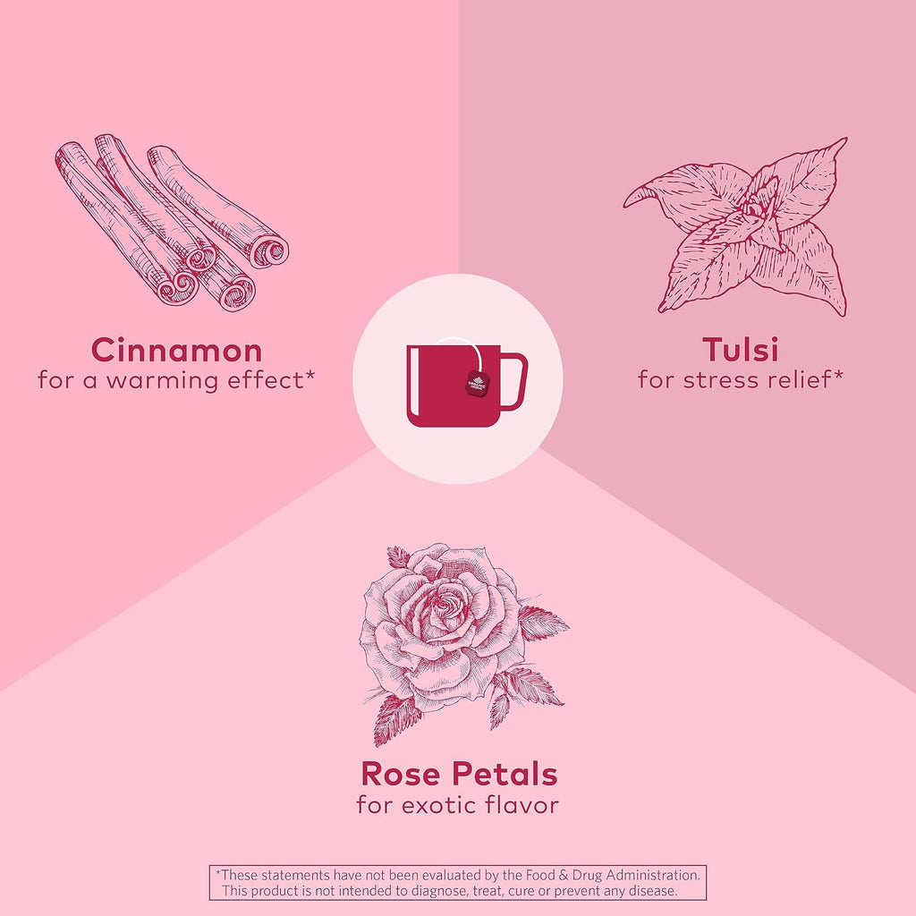 ORGANIC INDIA Tulsi Cinnamon Rose Tea Bags - Tulsi Rose Tea Bags, Cinnamon Tea Bags with Holy Basil, Chamomile, Stevia, USDA Certified Organic Caffeine Free Herbal Tea - 18 Infusion Bags, 6 Pack