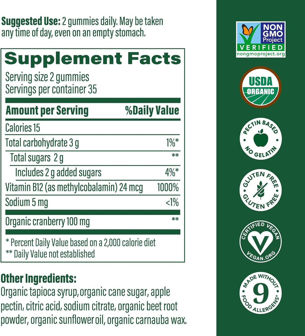 MegaFood Vitamin B12 Energy Gummies - Vegan - With Methyl B12 Vitamins to Support Cellular Energy Production - Cranberry - Daily Vitamin B12 Supplement - USDA Organic - 70 Gummies, 35 Servings