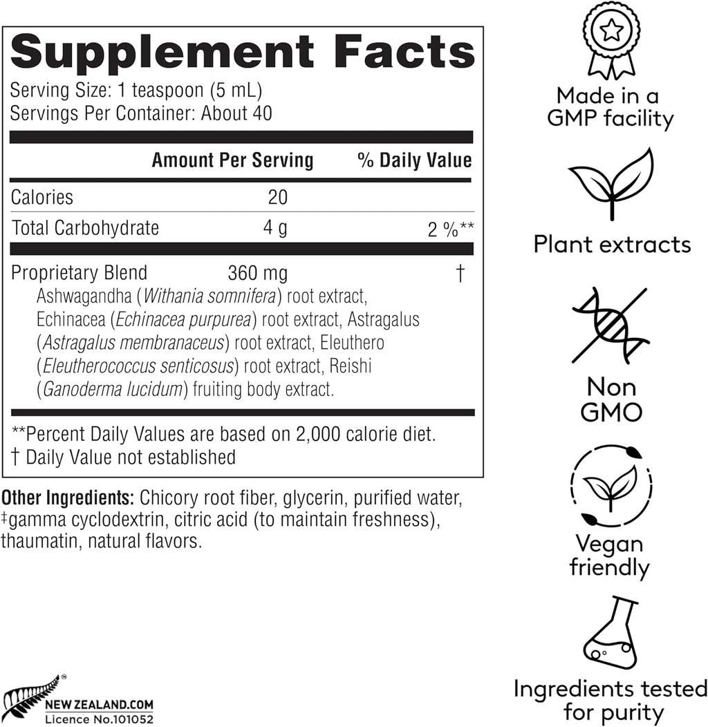 Immune + Energy Syrup, Herbal Formula with Ashwagandha, Echinacea, Astragalus and Ginseng, High Absorption, Easy to Take, Caffeine-Free - 6.7 Fl oz (40 Servings)