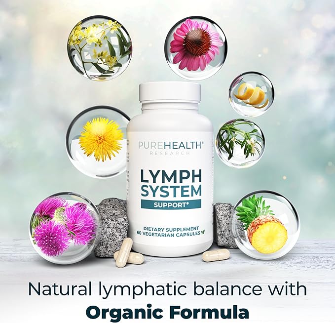 PUREHEALTH RESEARCH Lymph System Support Supplement - Lymphatic Drainage with Dandelion Extract, Cleavers, Burdock Powder Reduce Swelling and Cleanse 3 Bottles Brown 180 Count