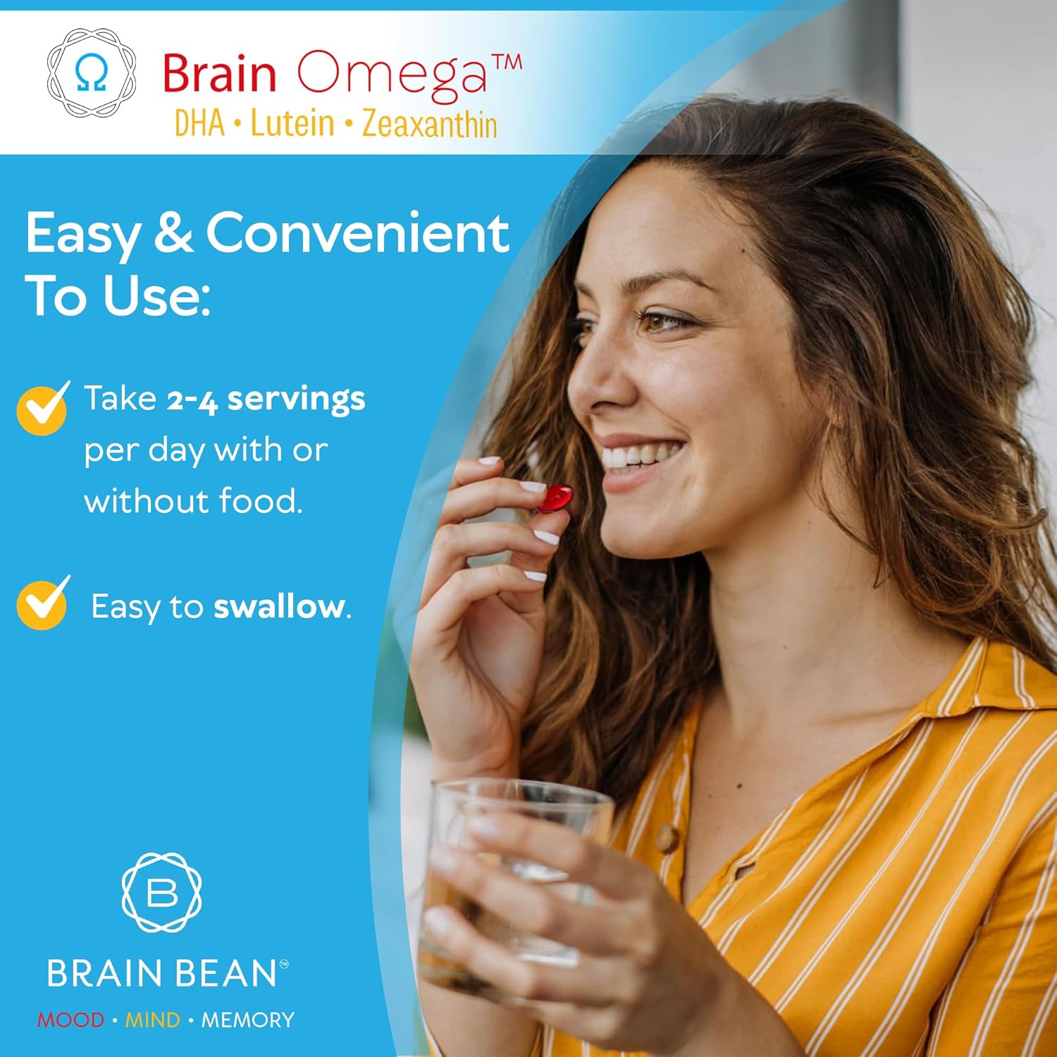 Brain Omega with Lutein and Zeaxanthin – Omega 3 Supplement for Brain, Heart & Eye Health – 460 mg DHA, 90 mg EPA, Lutein and Zeaxanthin Supplements – 180 Softgels (90 Servings)