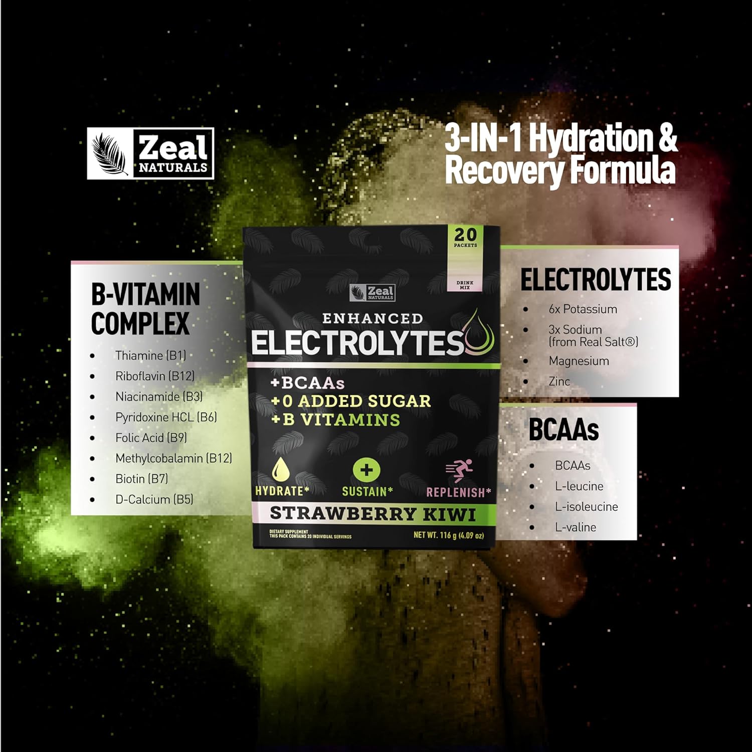 Enhanced Electrolyte Powder Stick Packs (Strawberry Kiwi | 20 Packets) w/ 0 Sugar +BCAAs +B-Vitamins Electrolyte Supplement w Potassium Zinc & Magnesium for Hydration - Keto Electrolytes