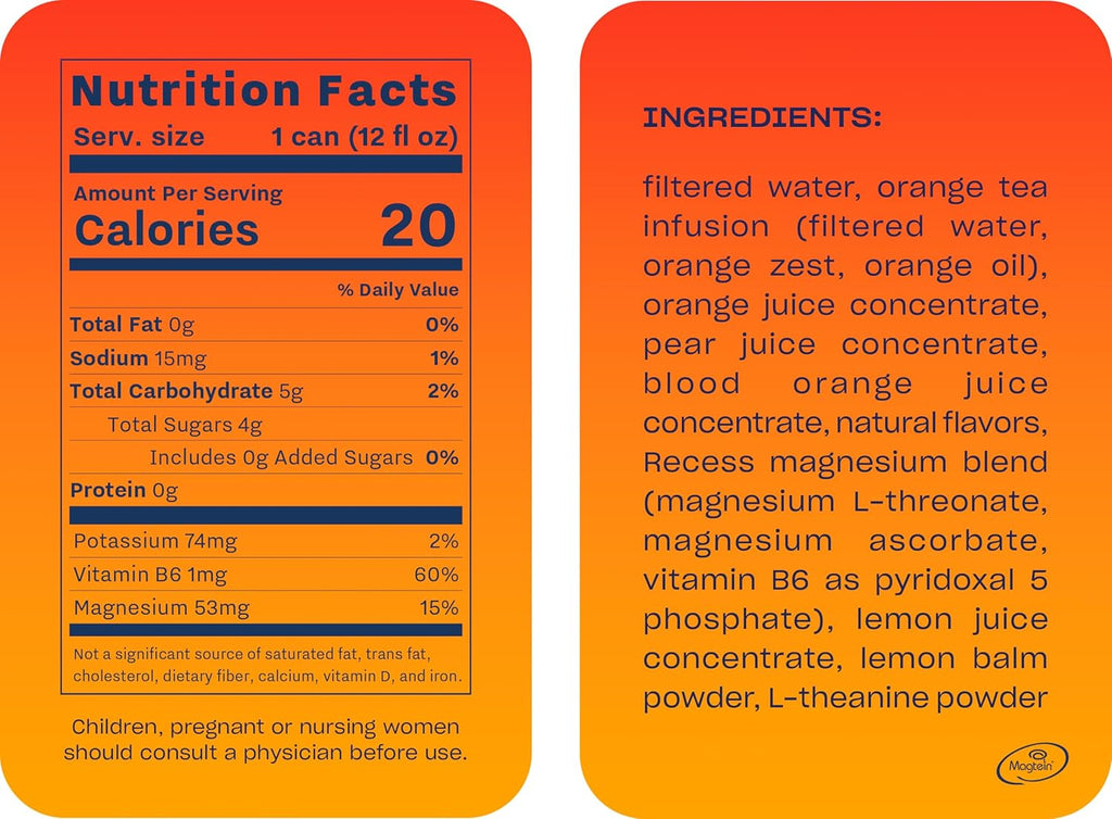 Recess Mood Magnesium & Adaptogen Drink, Relaxation Beverage, 12 ounce (Blood Orange, 12 pack)