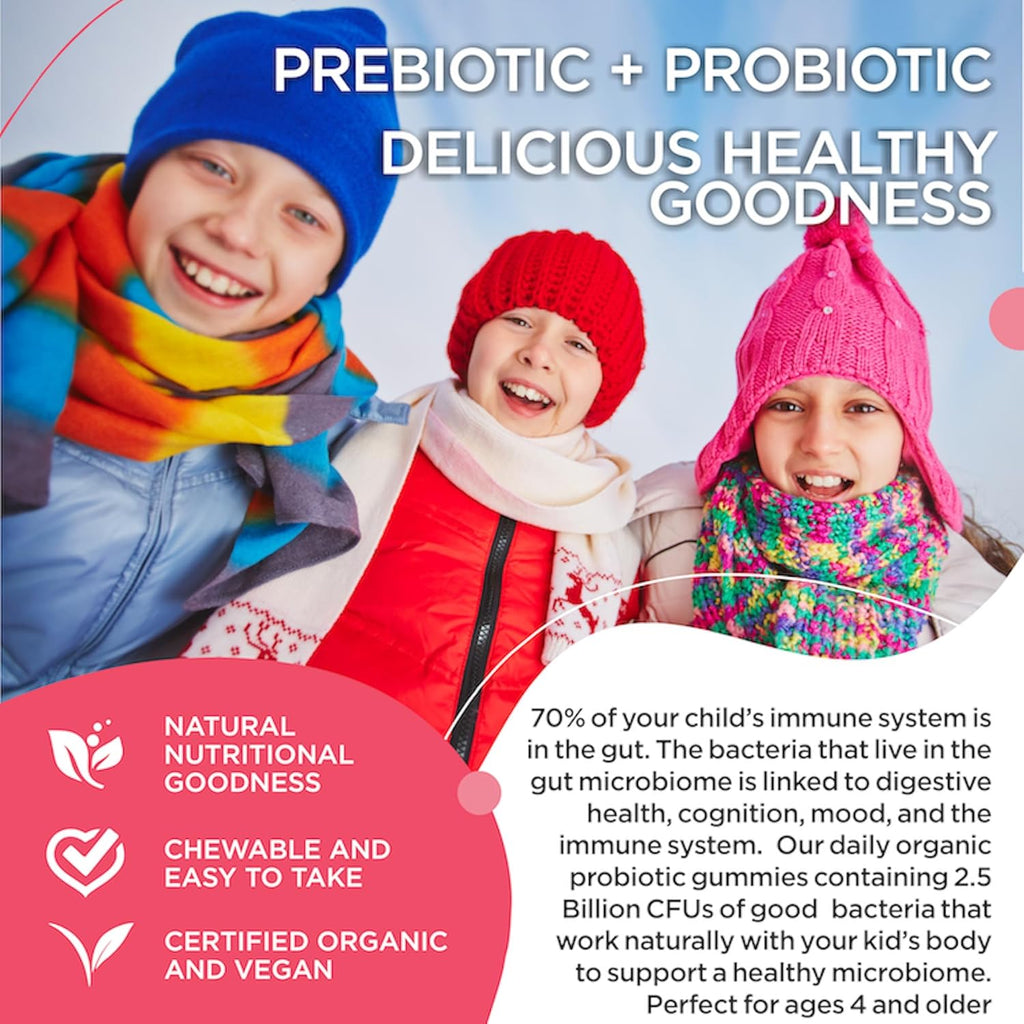 Kids Probiotic Gummies, Organic Probiotics Kids for Digestive Health, Immune Support, Constipation, Bloating. 2.5 Billion CFU, Strawberry Flavor, Chewable Probiotics for Children Ages 4+, 30ct (1)
