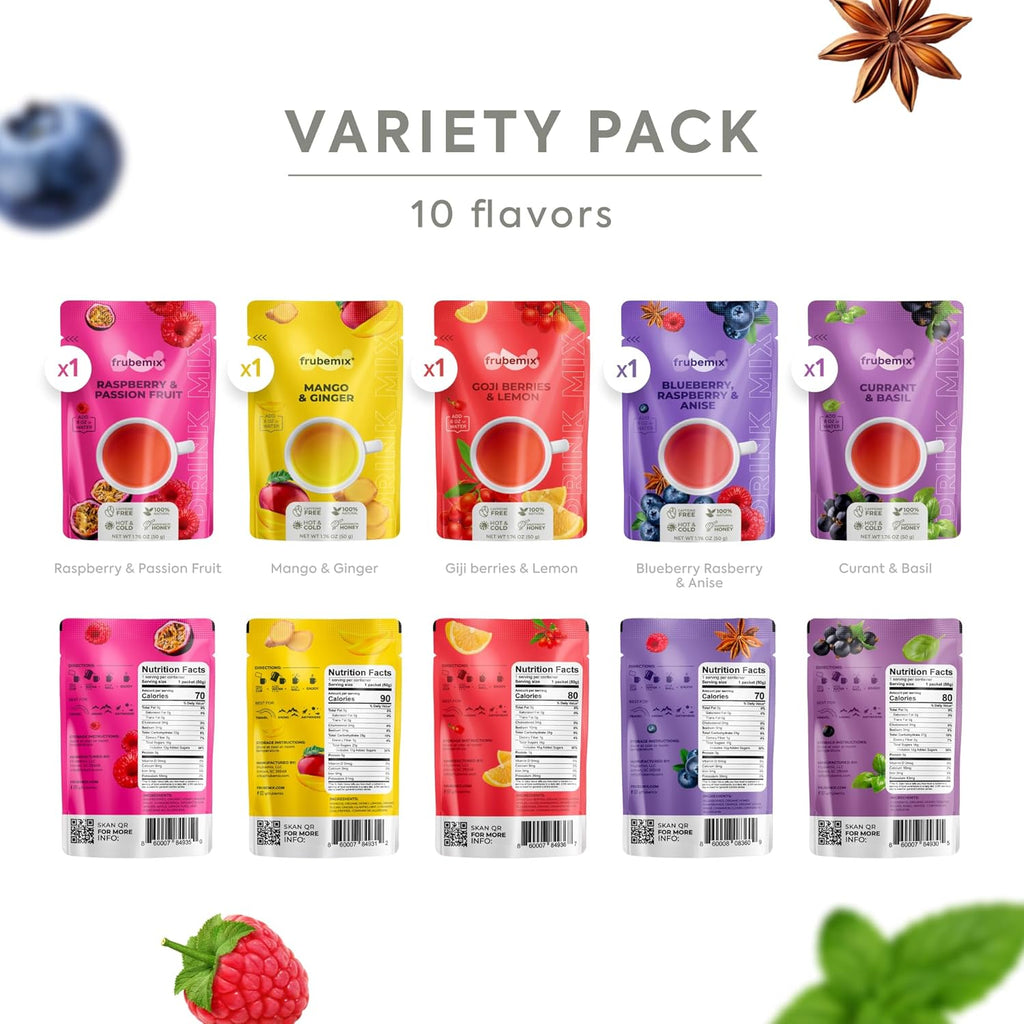 Frubemix Real Fruit & Berries Blend – Honey Sweetened, Purée-Based Drink Mix | No Artificial Flavors | Sparkling Refreshers, Cocktails & Mocktails | Hot or Iced | Variety Pack (10 Count)