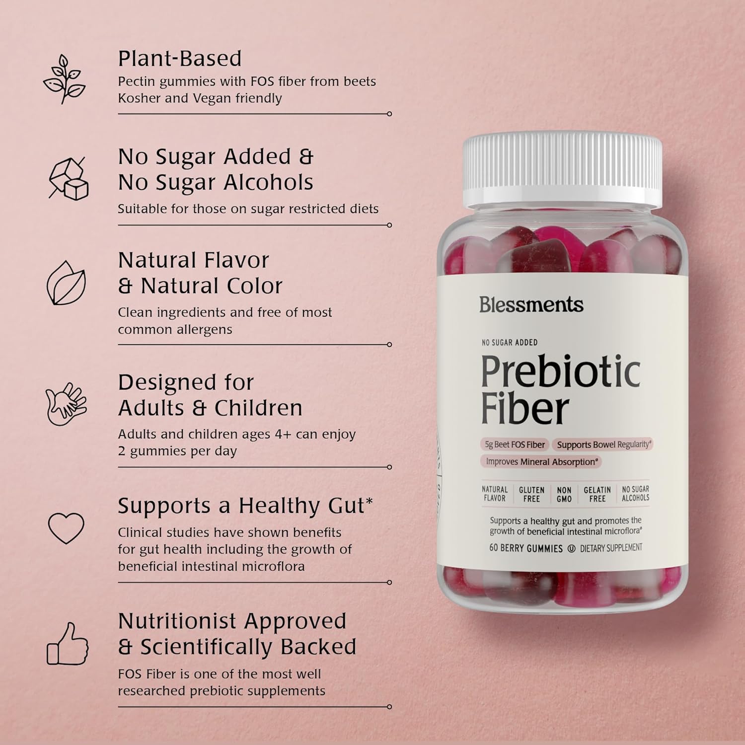 Prebiotic Fiber Gummies for Adults & Kids with No Added Sugar- 5g (60 Count-2 Pack) High Fiber Supplement Gummies - Vegan - Keto Friendly - Digestive Health Supplements