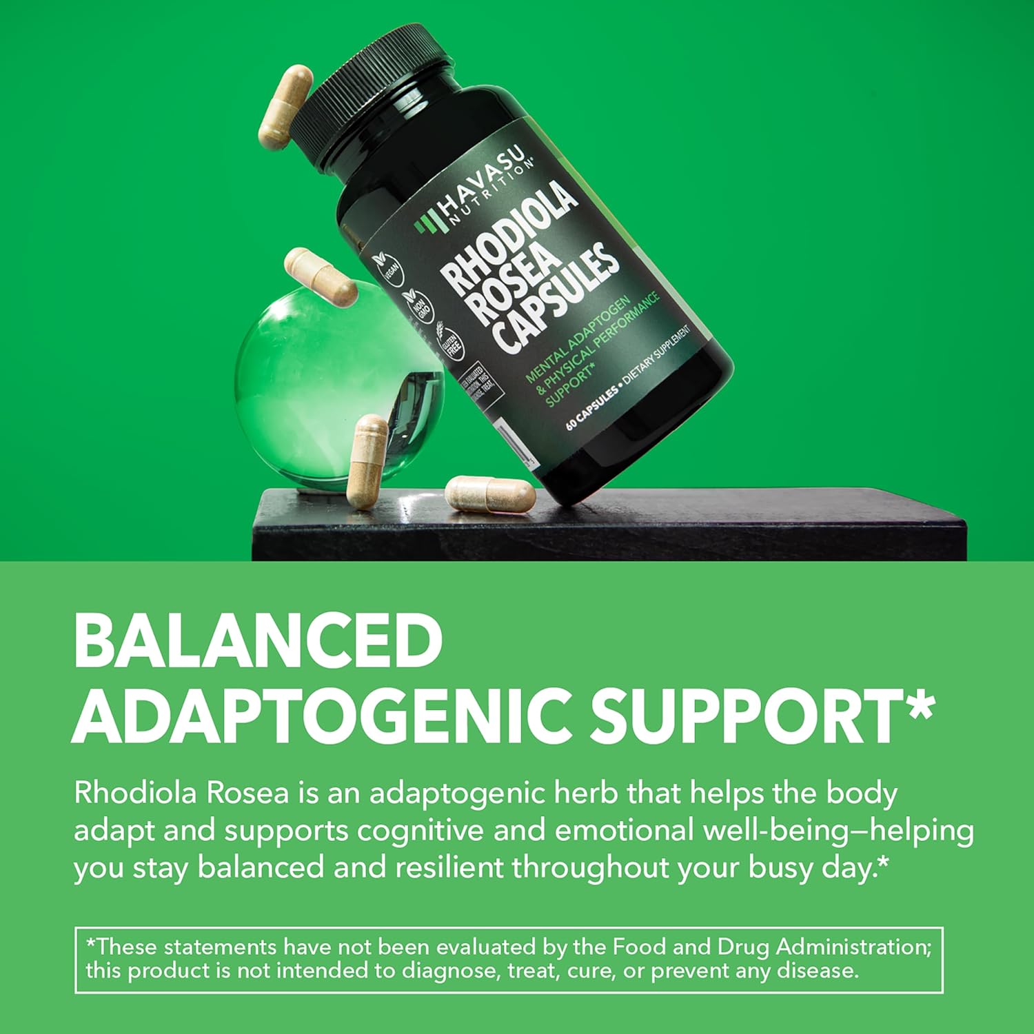 Rhodiola Rosea Supplement - Herbal Adaptogen for Mental and Physical Performance Support (3% Salidrosides, 3% Rosavins Extract) - 60 Count - Vegan, Non-GMO, and Gluten-Free Capsules - 2 Month Supply