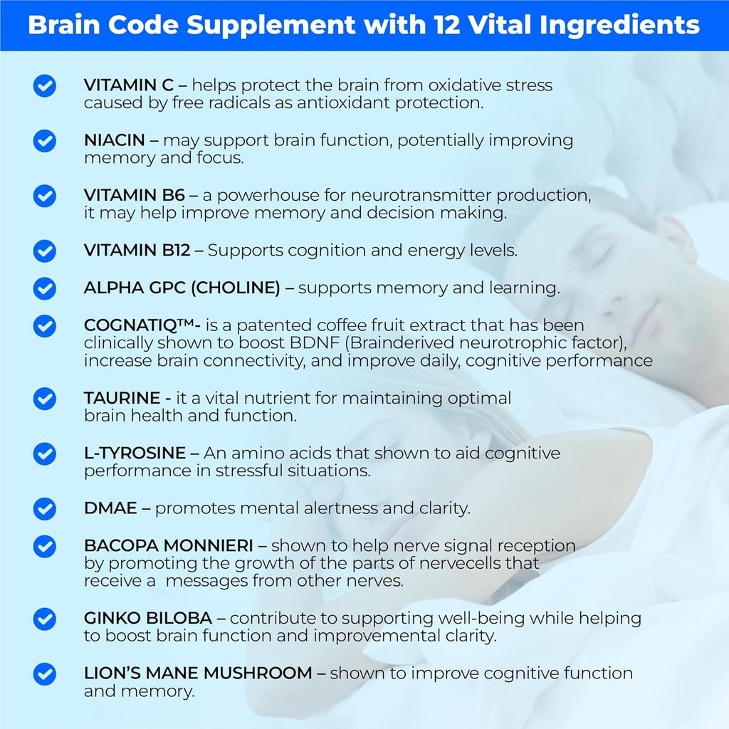Brain Code Nootropic Brain Supplement for Memory and Focus | Supports Cognitive Health & Mental Clarity, Enhance Concentration | 90 Capsules