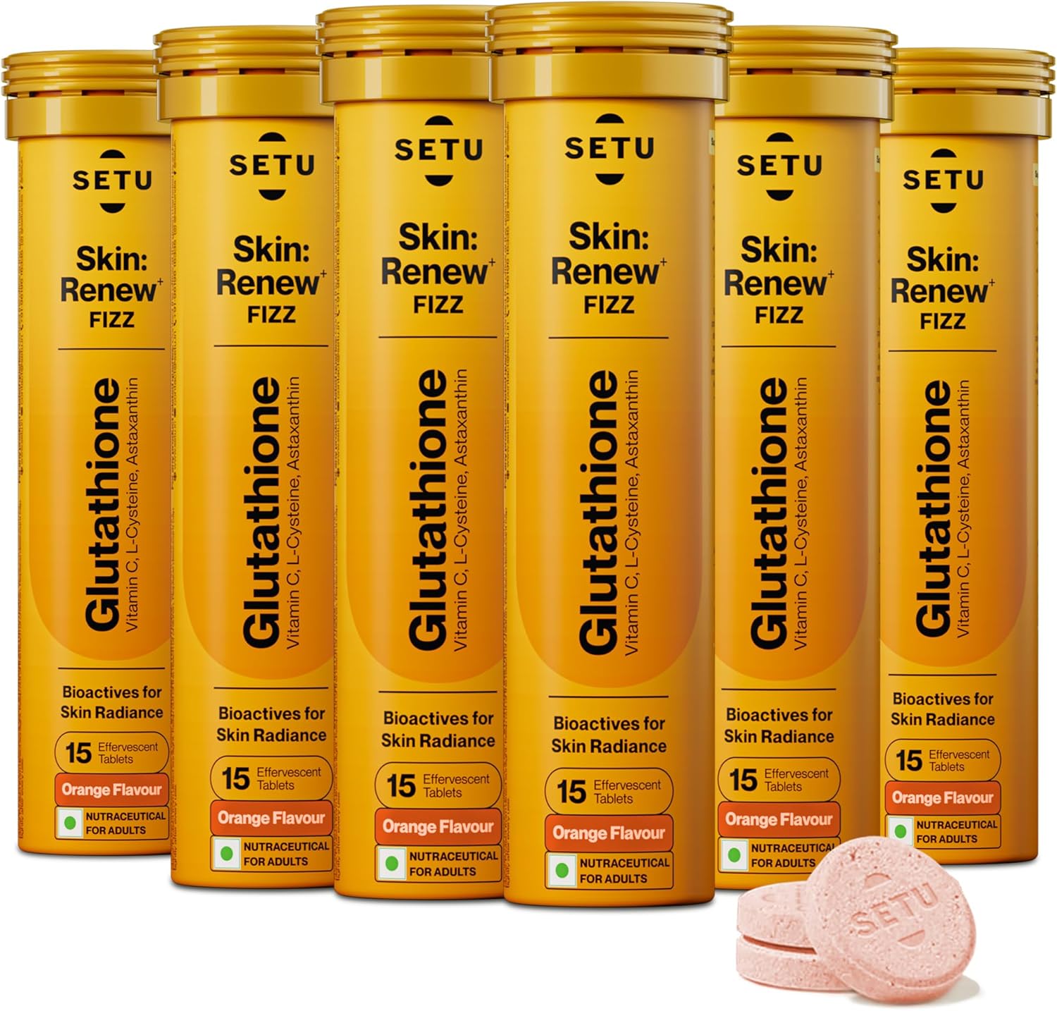 SETU Glutathione Effervescent Tablets with 500mg L-Glutathione & Vitamin C | Sugar-Free Antioxidant Supplement | Orange (Pack of 6)