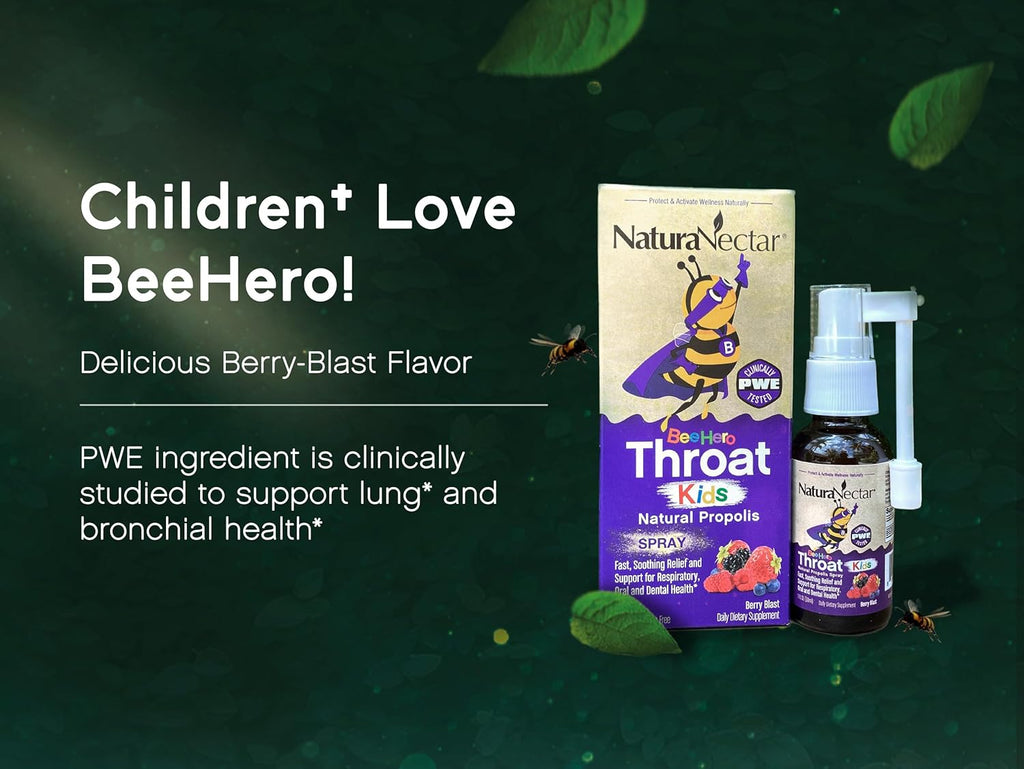 NaturaNectar Exclusive Kids Propolis Throat Spray, BeeHero Berry Blast Flavor (3 Packs)