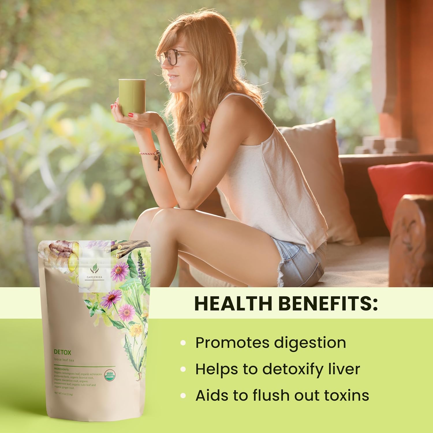 Organic Dandelion Root Detox Loose Leaf Tea, Herbal, Caffeine-Free, KSA Kosher, Ayurvedic with Lemongrass, Peppermint, Echinacea – 4 oz (1 Pack)