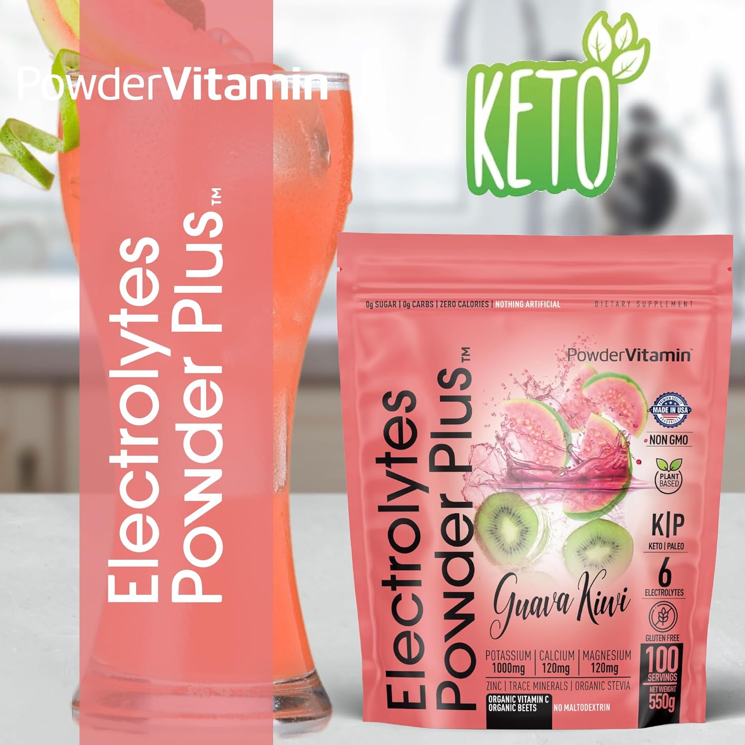 PowderVitamin Electrolytes Powder Plus (100 Servings) Guava Kiwi Electrolyte Powder, Zero Calorie, Keto, 0 Sugar, No Maltodextrin, 1000mg Potassium, 120mg Calcium, 120mg Magnesium, Hydration Powder