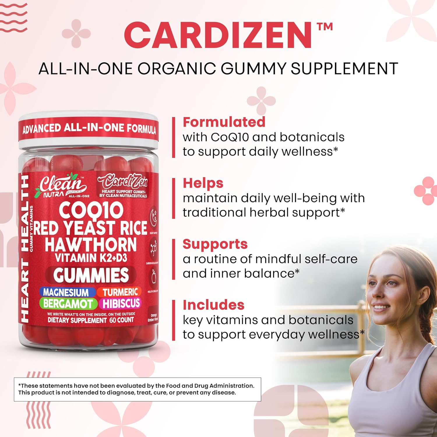 Clean Nutra CoQ10 Gummies Red Yeast Rice Hawthorn K2 Vitamin Supplement Magnesium Glycinate Turmeric Citrus Bergamot Hibiscus VIT D K Fenugreek Garlic Supplements Heart Support Gummy 60ct
