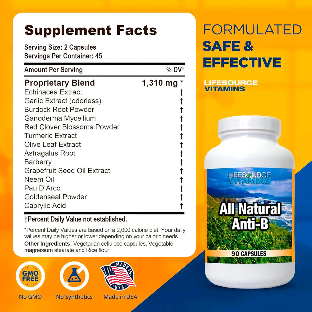 LifeSource Vitamins All Natural Anti-B for Immune Support, 14 All Natural Ingredient with Echinacea & Garlic Extract, 180 Immune Defense Capsules
