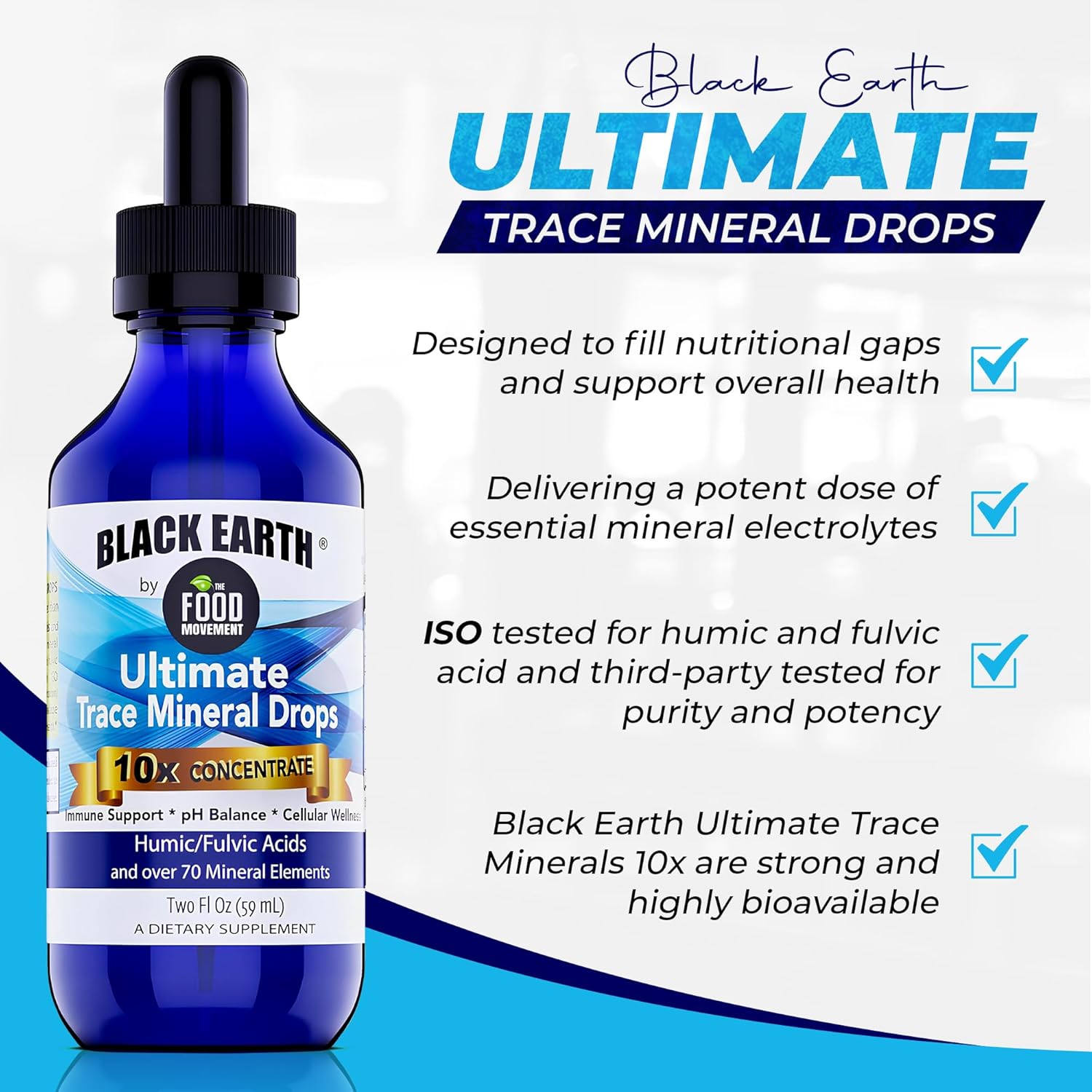 Black Earth Ultimate Trace Minerals 10x Strength, Fulvic Acid & Humic Acid, Non GMO Vegan 2 Ounce Dropper - Ideal Supplement for Athletes