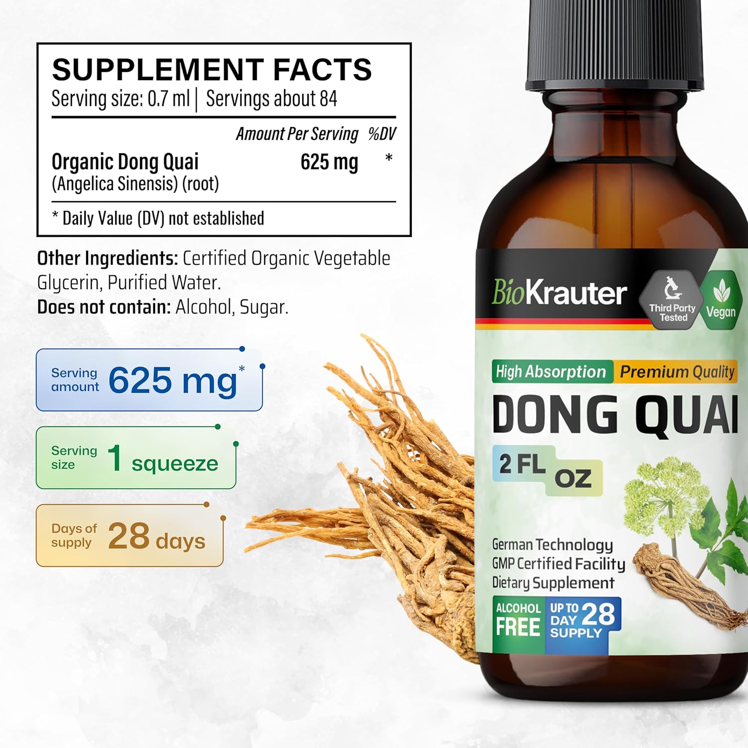 BIO KRAUTER Dong Quai Tincture - Angelica Root Liquid Extract - Women’s Health Support - Alcohol and Sugar Free Angelica Tincture - Vegan Dong Quai Drops 2 Fl.Oz.