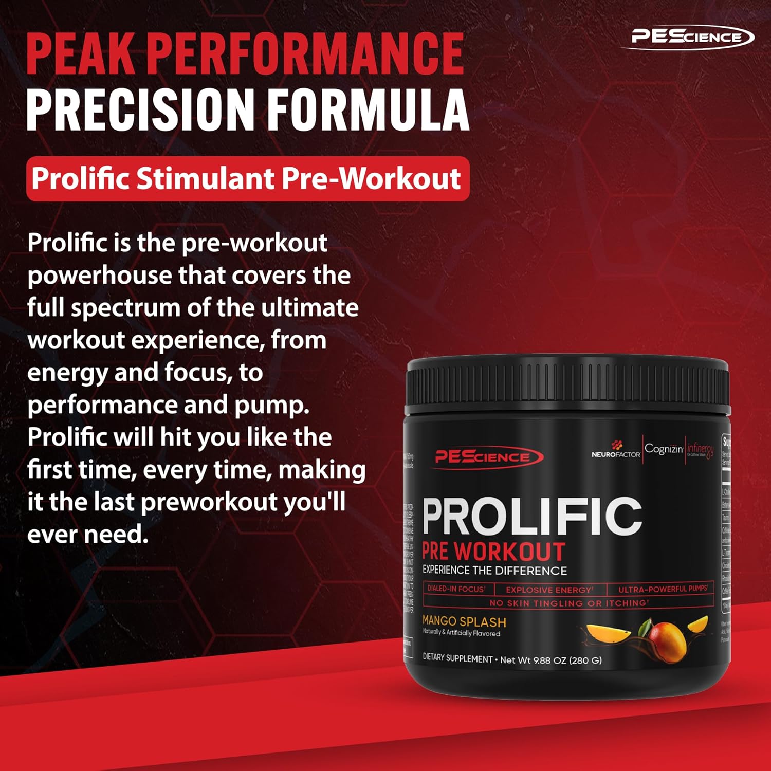 PEScience Prolific Pre Workout Powder for Men & Women with L-Citrulline Nitric Oxide Booster, Energy Powder & Nootropic for Focus – Preworkout Without Beta Alanine – 40 Scoops, Mango Splash