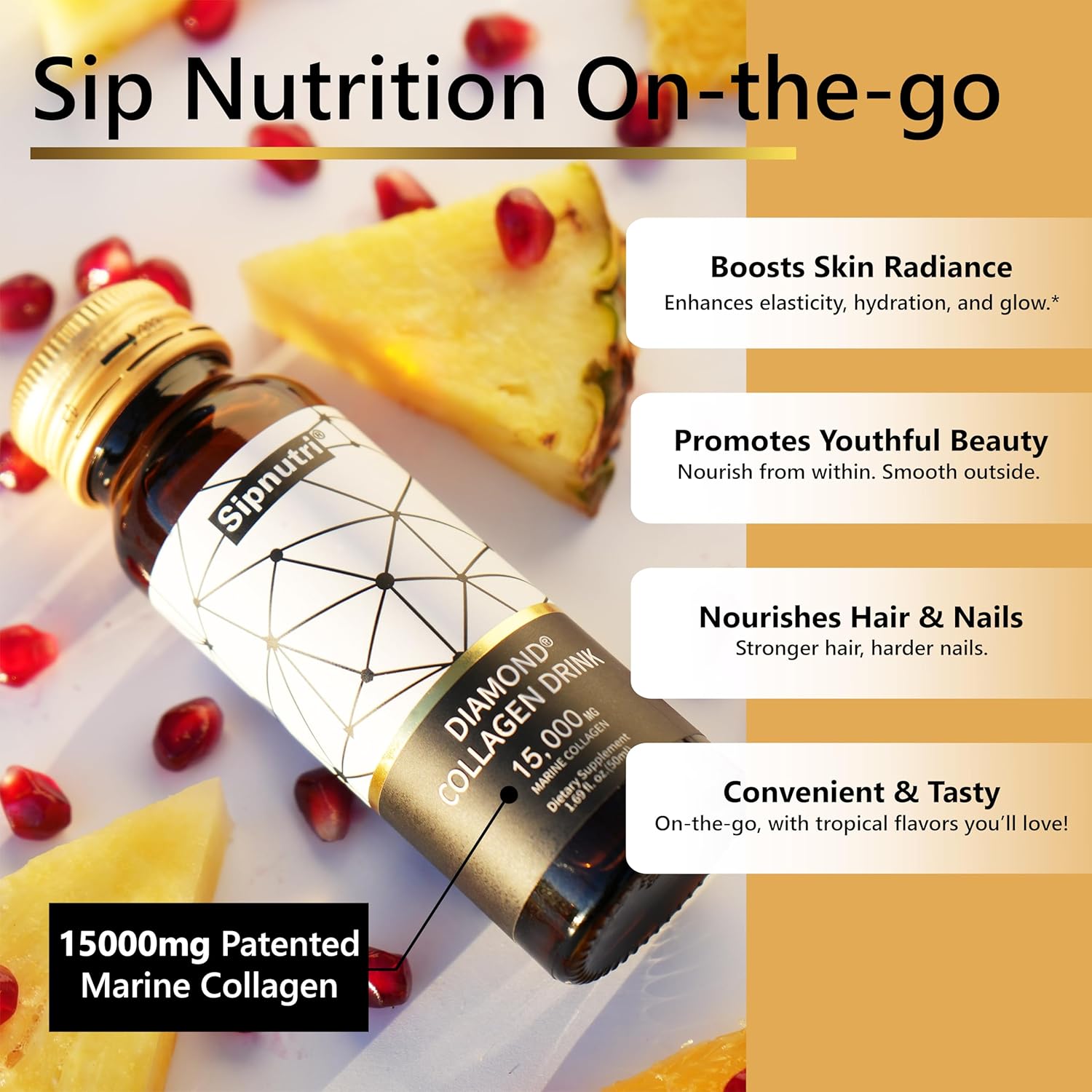 Diamond Liquid Collagen Drink, Gift for Man & Women, 15000 mg Hydrolyzed Marine Collagen Peptides with Vitamin C, Pomegranate, Healthy Hair Skin Nails Joints Bones Support, 50 ml x 10 Bottles