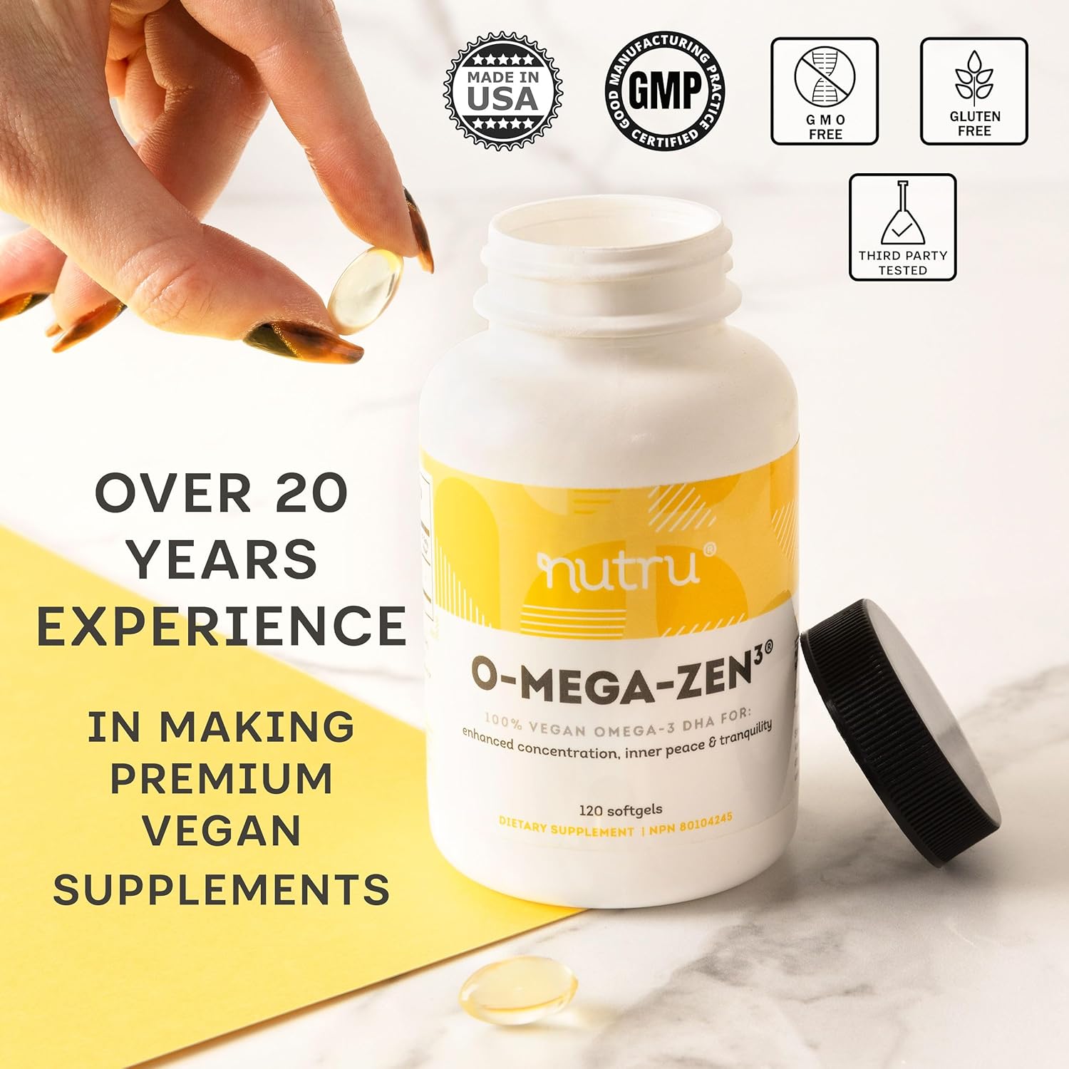 O-Mega-Zen3 Vegan Omega 3 DHA Supplement - 400 mg DHA Essential Fatty Acids - Carrageenan Free - Premium Algal Based Fish Oil Alternative Supplement - 120 Softgels