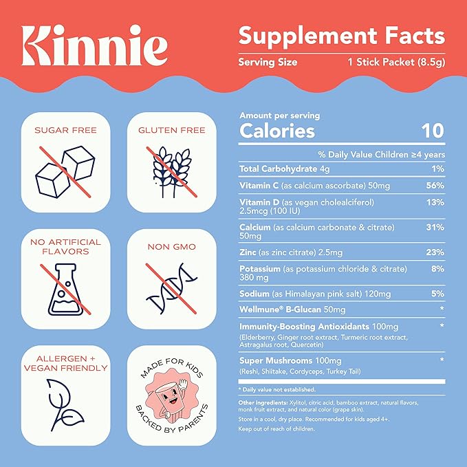 Immune & Hydration Vitamin Mix for Kids - Mixed Berry Flavor - Sugar-Free - Immune Support - Zinc, Vitamin C & D, Electrolytes, & Super Mushroom Blend for Ages 4+ (30 Sticks)