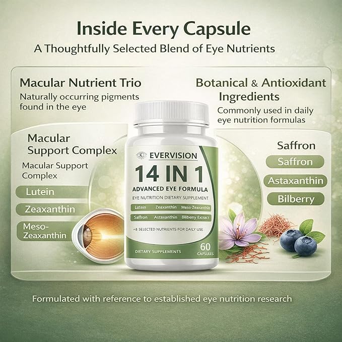 Evervision 14-in-1 Advanced Eye Formula, Daily Eye Nutrition Supplement with Lutein, Zeaxanthin, Saffron & Bilberry Extract, Eye Health Support for Adults – 60 Capsules (2)