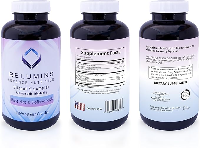 Relumins Dermavita Bundle – 1650mg Reduced Glutathione Complex (90 Veggie Capsules) with Alpha Lipoic Acid, Rose HIPS, Riboflavin & Vitamin E + Advanced Vitamin C 1000mg
