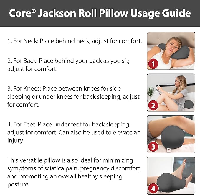 Core Products Jackson Roll Orthopedic Bolster Pillow - Neck, Back, Leg, Knee & Arm Support – Cervical & Lumbar Roll for Pain Relief, Spinal Alignment & Travel Comfort for Bed or Chair- Gray