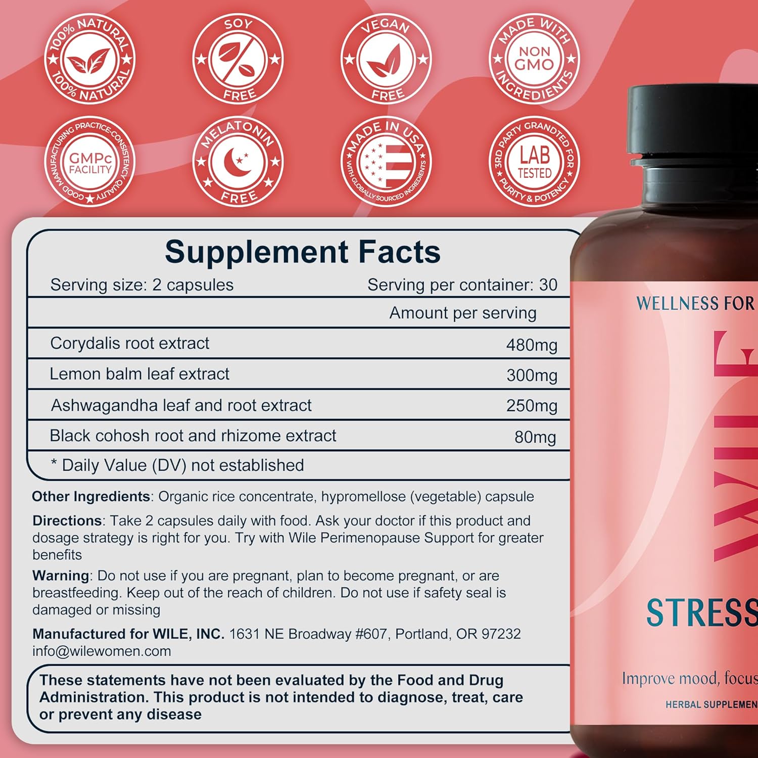 WILE Menopause & Perimenopause Supplements for Women with Ashwagandha - Stress Relief with Black Cohosh - Premenopausal Support for Improved Mood, Sleep, Hormone Balance - Vegan, 30 Servings