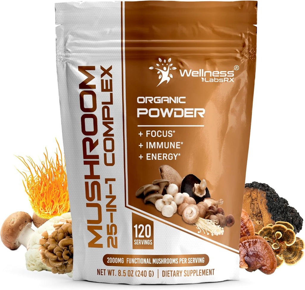 Mushroom Powder, 25 in 1 Mushrooms Supplement - 2000mg, 25 Superfood Mishroom Lions Mane Powder with Chaga, Shiitake, Cordyceps, Reishi - Lion's Mane Mushroom - 120 Servings