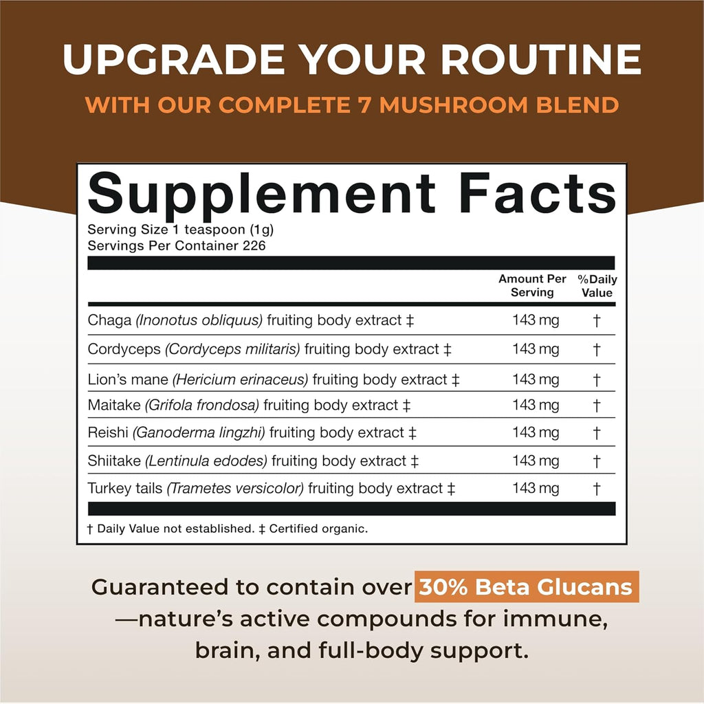 Sacred 7 Mushroom Coffee Booster | Organic Mushroom Supplement Powder – Lions Mane, Reishi, Chaga & More | Adaptogen + Nootropic | 100% Fruiting Bodies | Mix with Coffee,Tea, Smoothies - 226 Servings