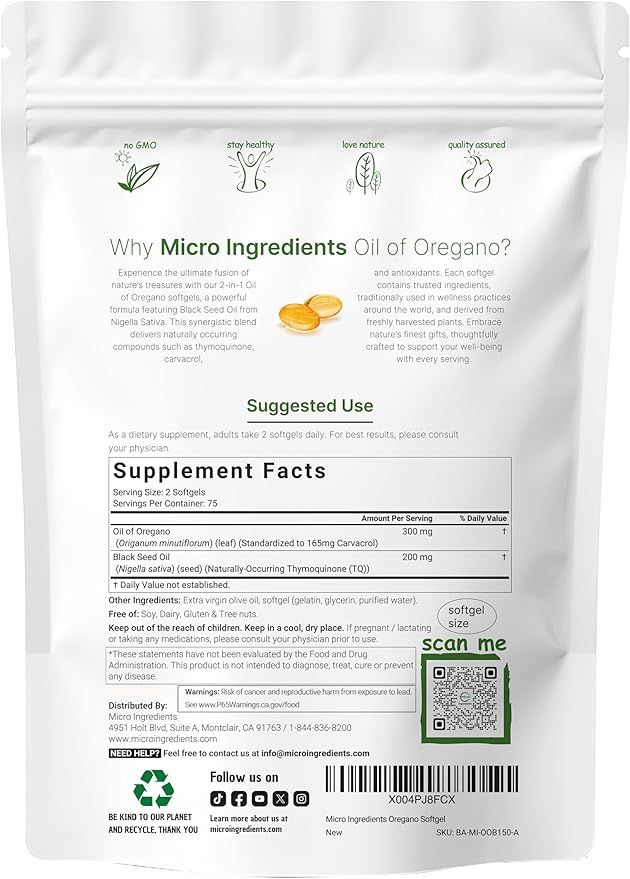Micro Ingredients Oil of Oregano Softgels, 150 Count | 2 in 1 Formulated with Black Seed Oil | 4X Strength Carvacrol & Thymoquinone | Plant Based, Non-GMO